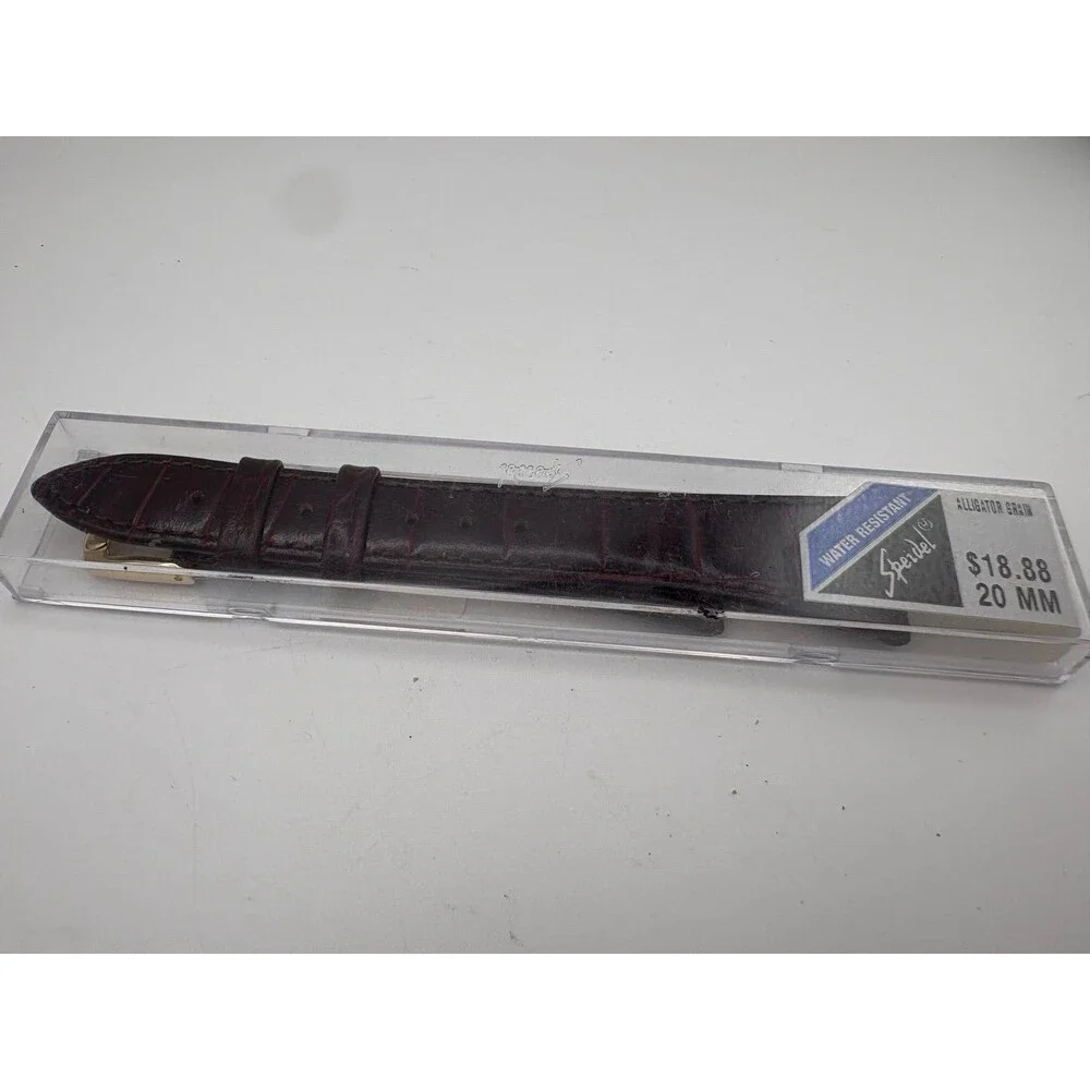 NOS Vintage Speidel 20mm Brown Alligator Grain Leather Watch Band Strap Gold Ton